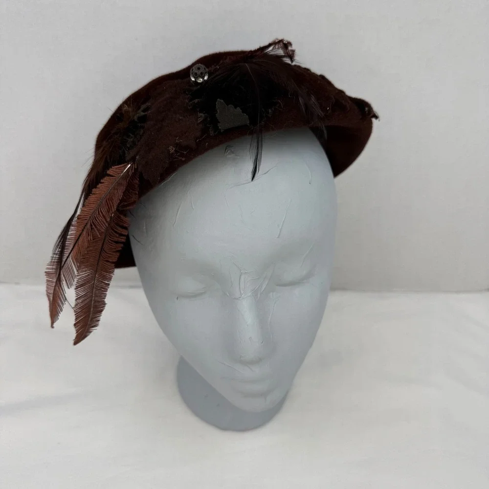Vintage Henry G. Ross Original Brown Velour Feather Beret Hat Medium NY Paris